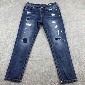 Miss Me Jeans Womens 27 (Fits 30x27) Blue Distressed Patches Boyfriend Ankle